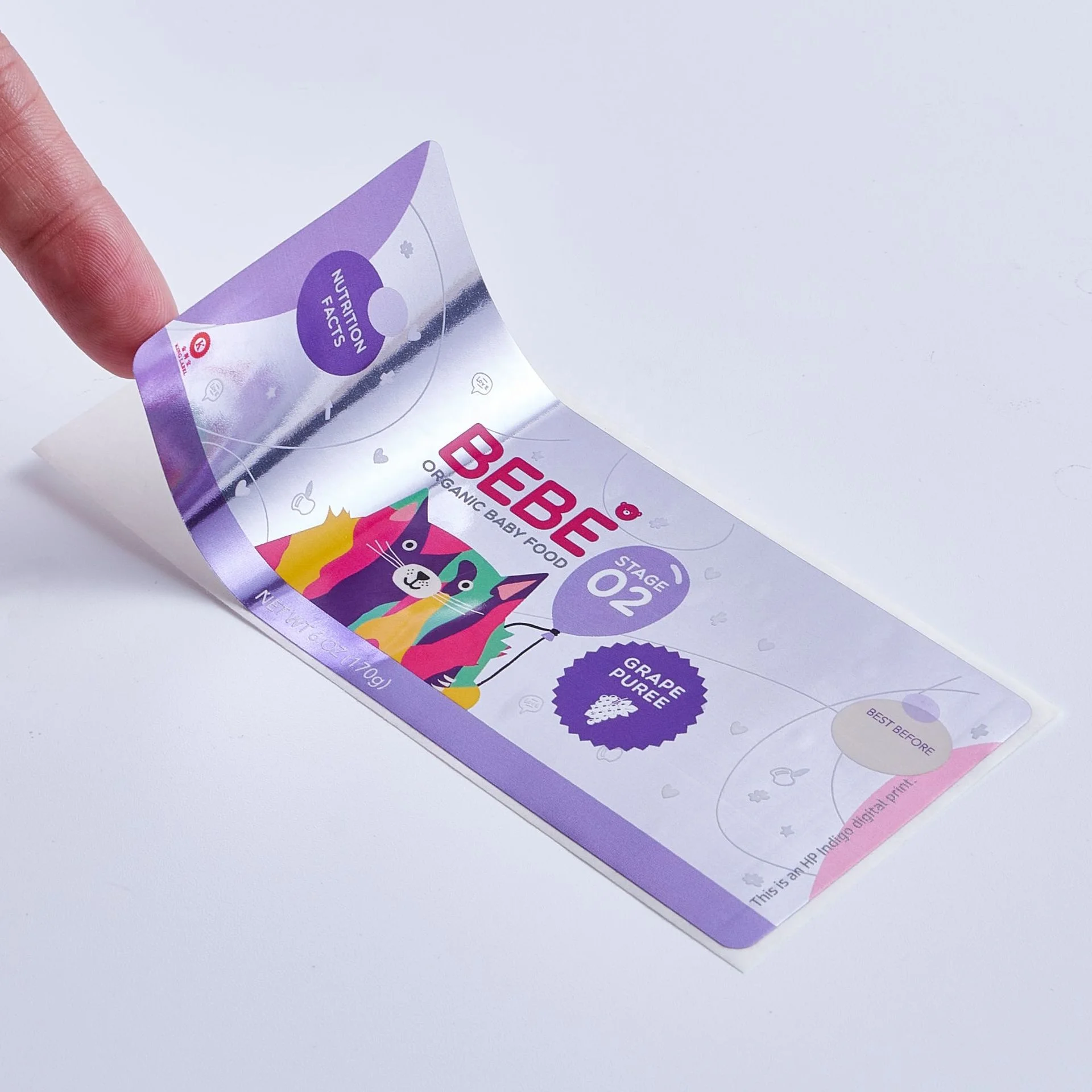 Free Sample Custom Logo Design Printed Waterproof Sticker Self Adhesive Silver Foil Organic Baby Food Label