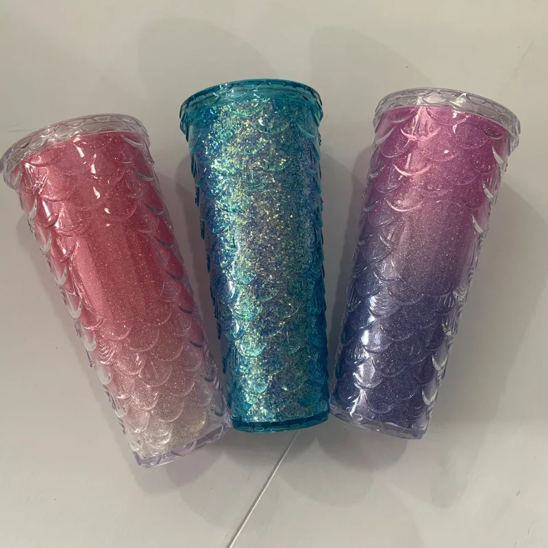 New Arrivals High Quality Bpa-free Custom Logo 24oz Double Wall Plastic Mermaid Scale Tumbler With Straw