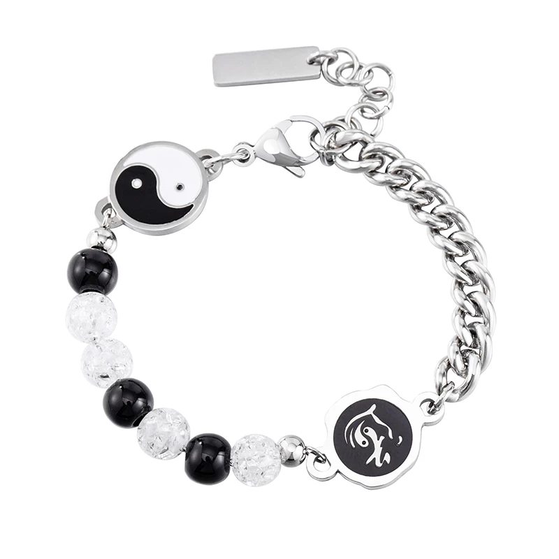 Fashion Charm Bangles Men/Women Stainless Steel Black And White Beads Tai Chi Bracelets