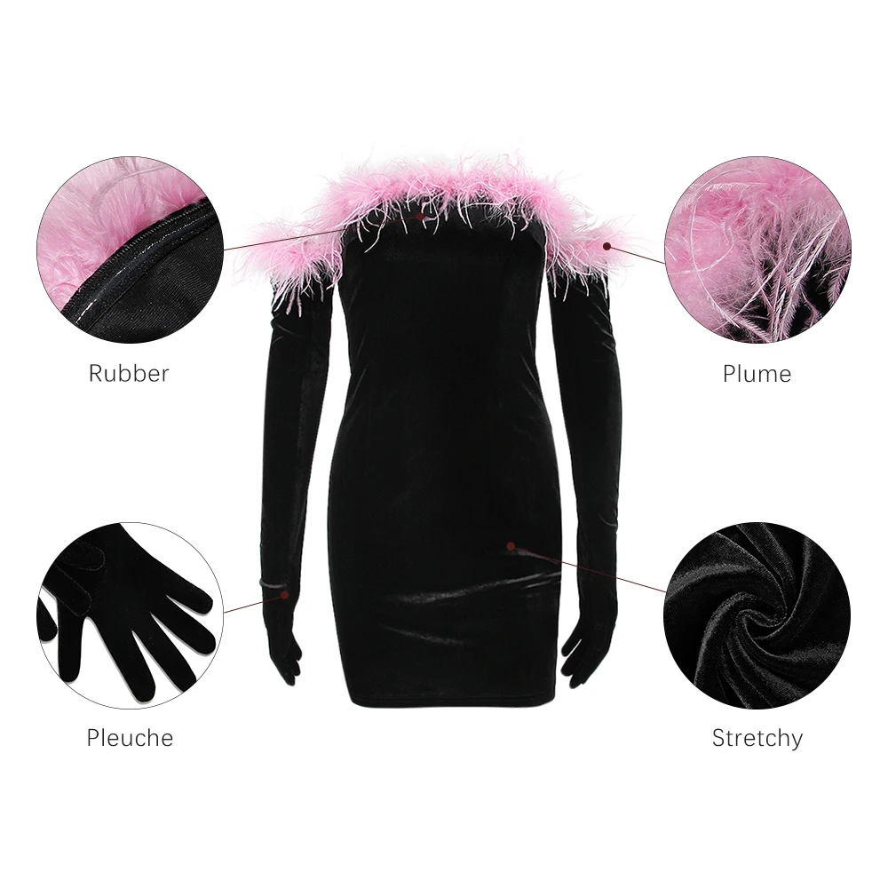 Vintage Feather Long Sleeve Winter Dresses Off Shoulder Gloves Low Back Design Hidden Zippers Mini Velvet Cocktail Dresses