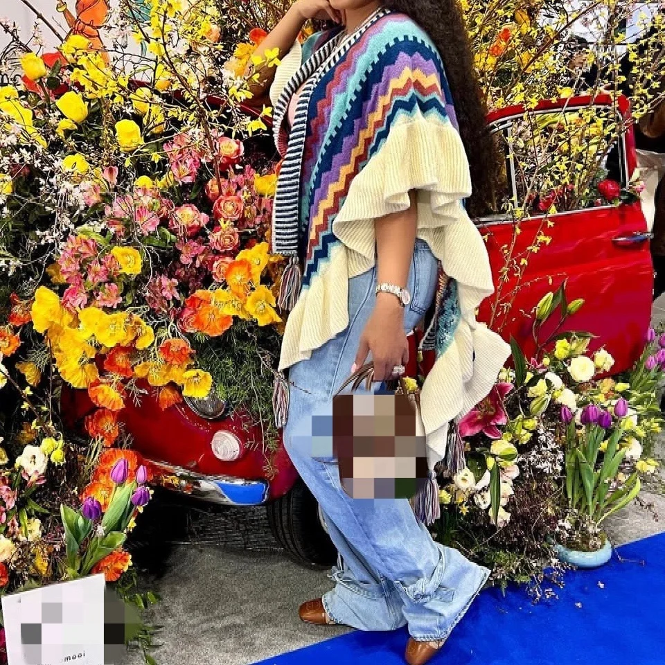 Fast Dispatch Vintage Ladies Winter Warm Colorful Tassel Poncho Batwing Sleeve Cape Shawls Women Scarves Shawl