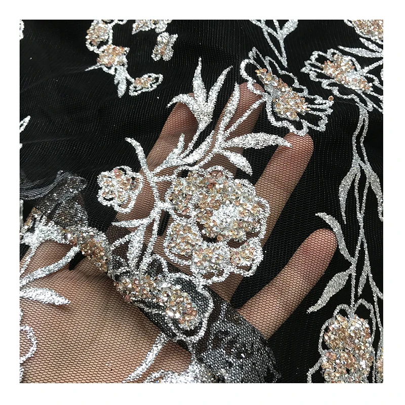 Wholesale Black African French Net Tulle Mesh Glitter Rhinestone Lace Fabric Shiny Flower Sequence Evening Dress Sewing Material