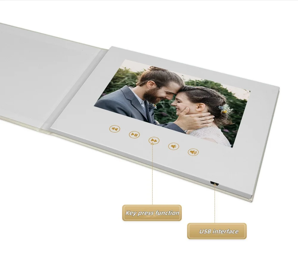New Design Luxury Custom Wedding Invitation Card 7 Inch Linens Hardcover Wedding Video Brochure Gold Leaf Video Memory Book