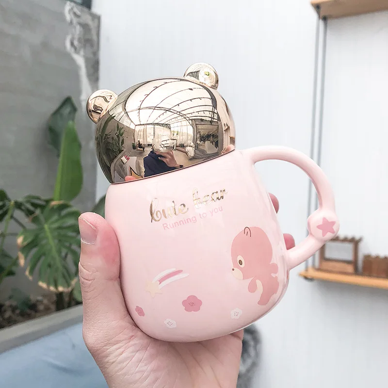 2021 explosions bear twist cover ceramic cup gold mirror pot-bellied creative mug creative cup with lid and spoon