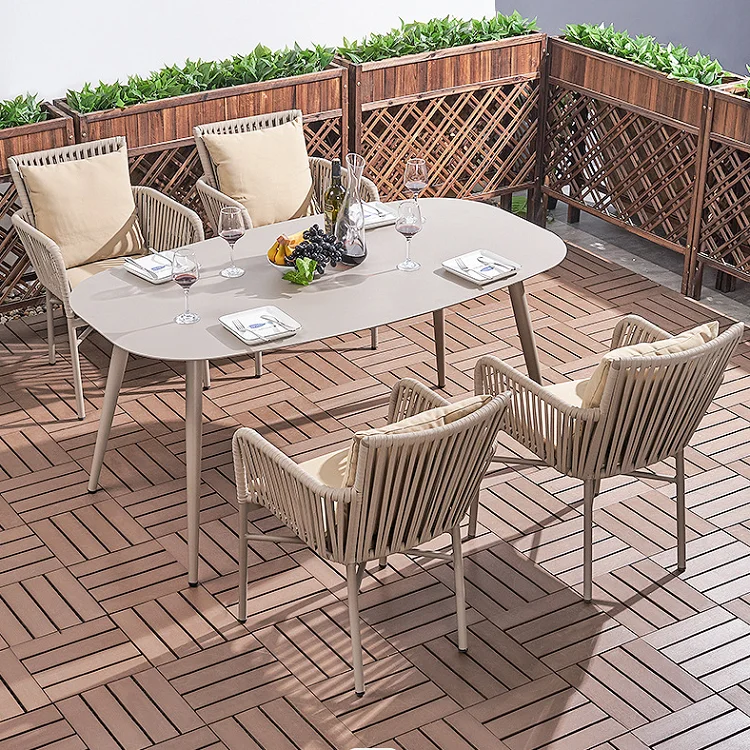 Modern Style All Weather Aluminum Frame Rope Weave Outdoor Furniture Patio Restaurant Cafe Garden Dining Table And Chairs