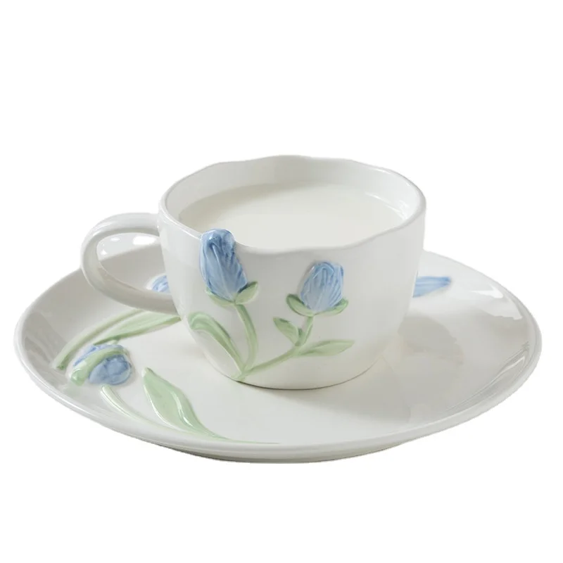 MSH French Three-Dimensional Relief Tulip Ceramic Cup Restaurant Breakfast Mug And Saucer