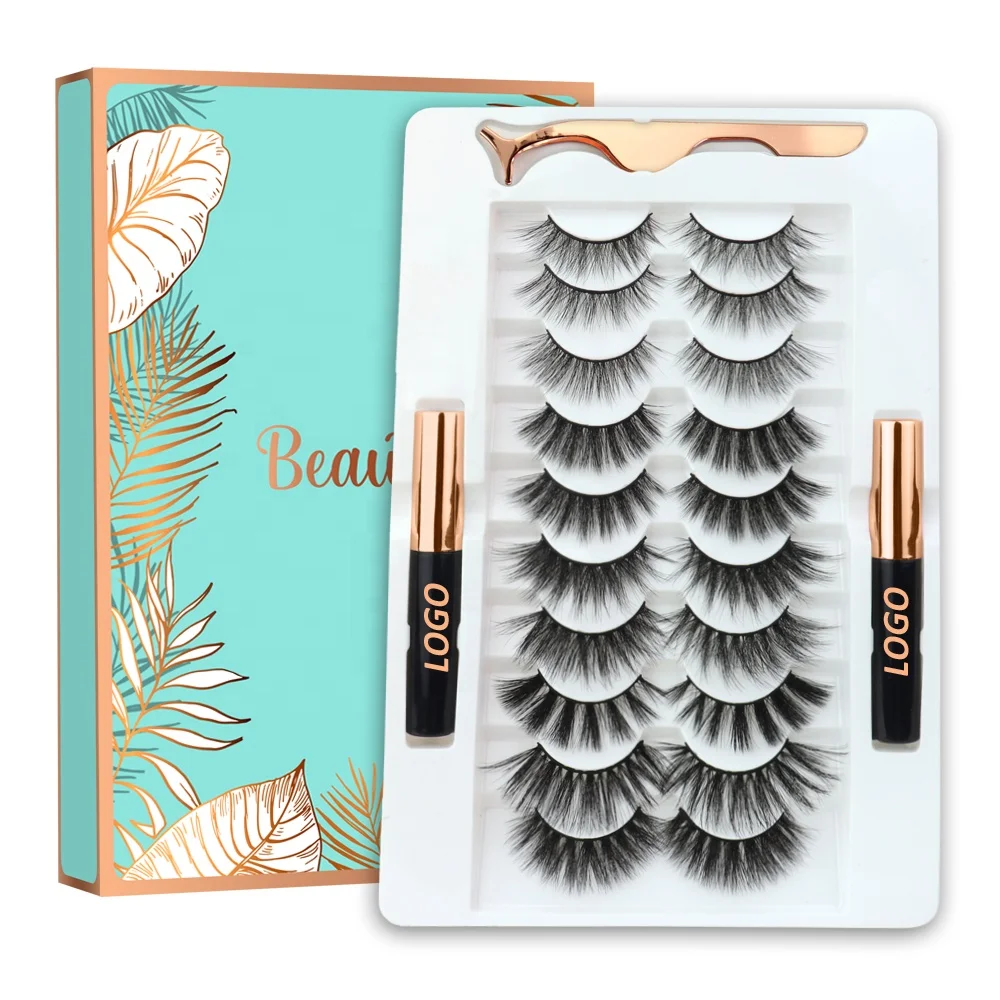 Private Label 3D 10 Pairs False Eyelashes Kit Silk Eyelash Glue Tweezers Set