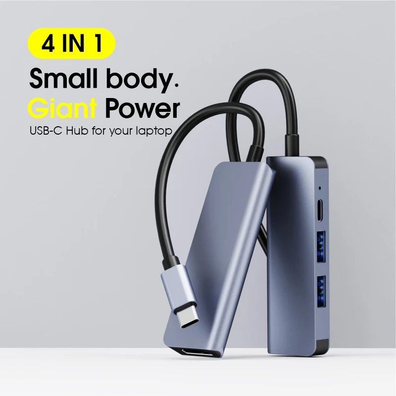 4 in 1 USB Hub Aluminum Alloy Type C to 3 USB PD Ports Hub High Speed Data Transfer USB-C hub