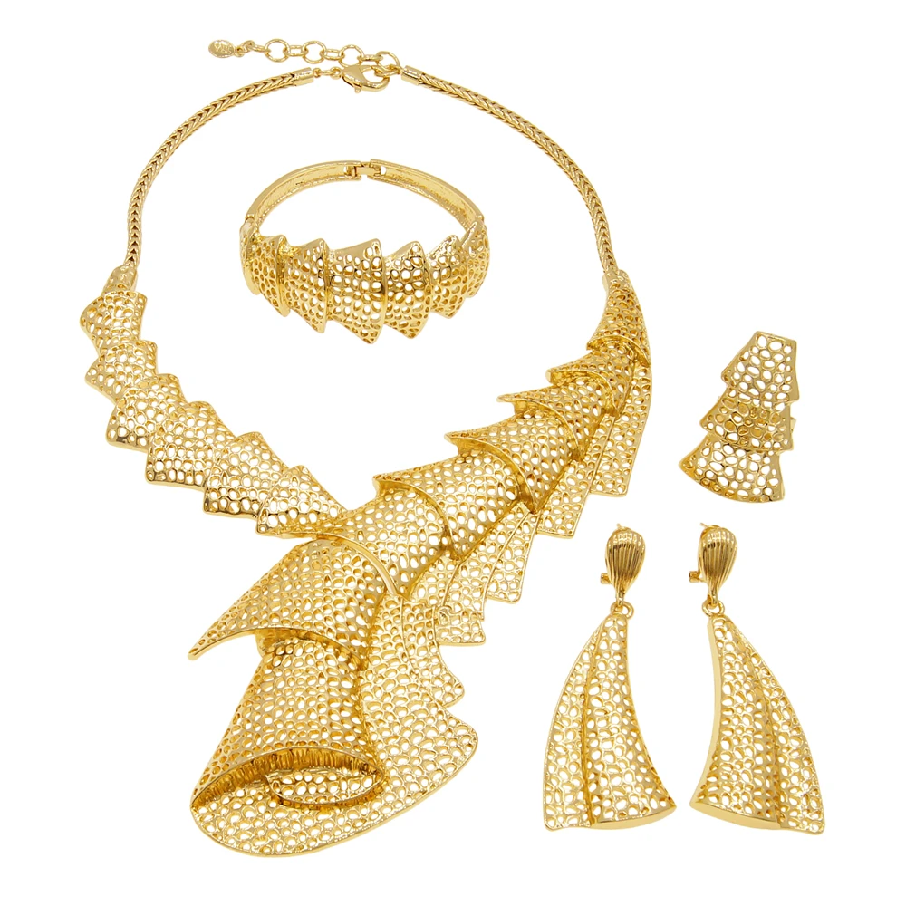 Zhuerrui Italian Gold Designs Jewellery Set African Necklace Bangles Jewelry Sets 24k Gold Copper Women Jewelry Set H00566