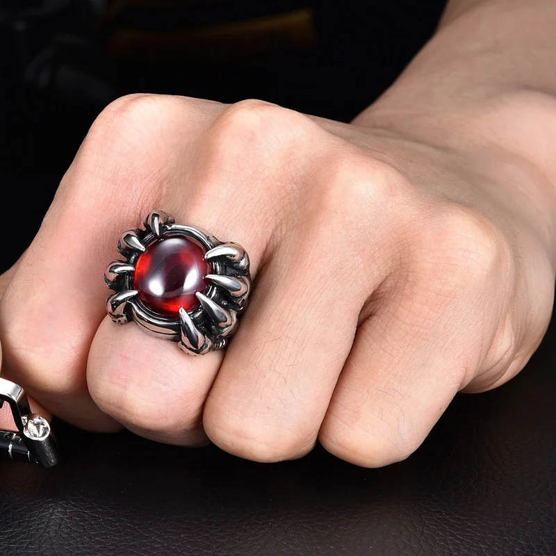 Punk Rings Red Black Crystal Vintage Ring for Men Silver Color Dragon Claw Party Rings Dropshipping Wholesale Gift