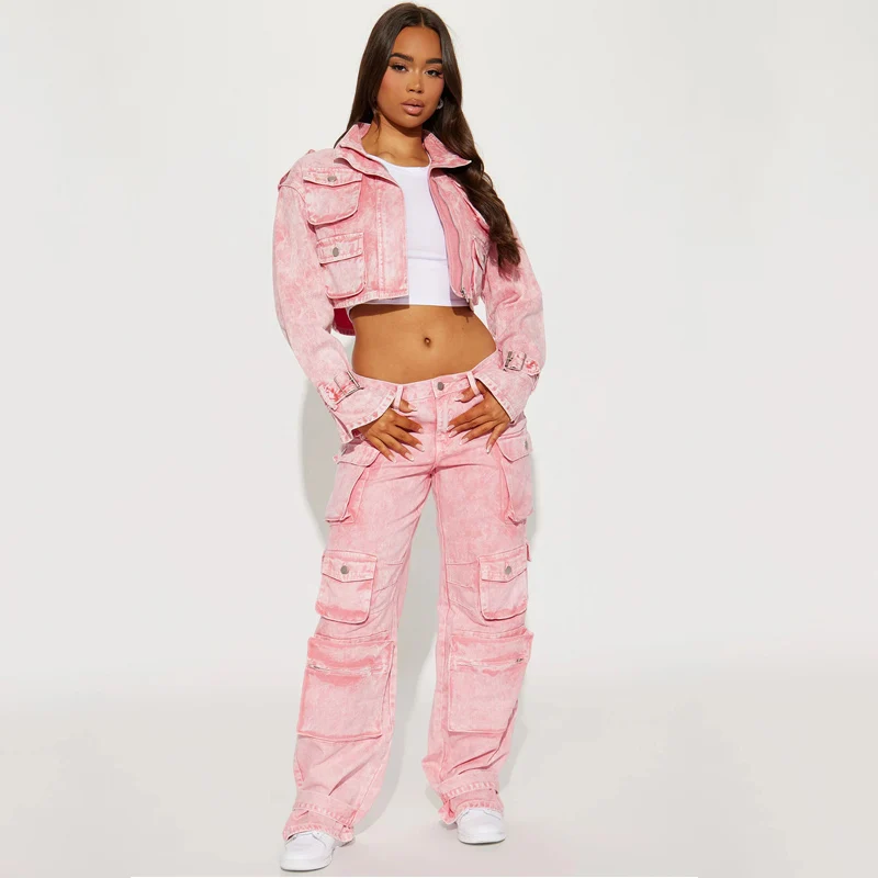 Custom Cropped Cargo Jacket and Baggy Jeans Two Pieces Outfits Street Women Denim Set