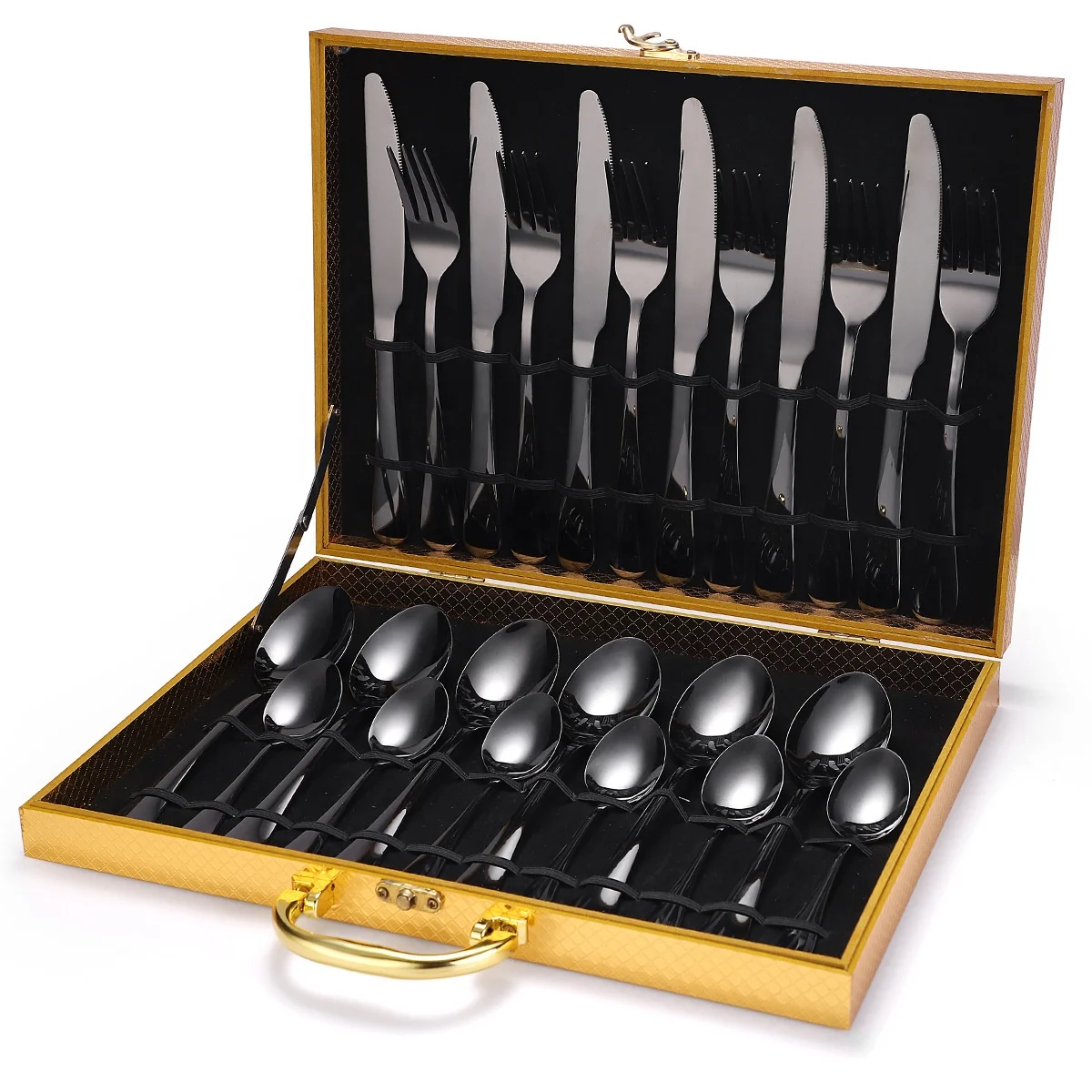 Packaging with Wooden Gift box for Luxury Gold Flatware black Cutlery Set Stainless Steel