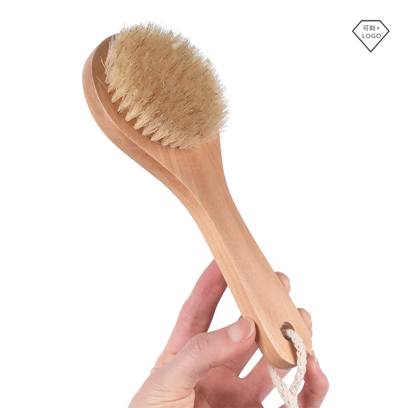 Long Handle Wet or Dry Shower Brush Silicone Bamboo Wooden Bath with Soft and Stiff