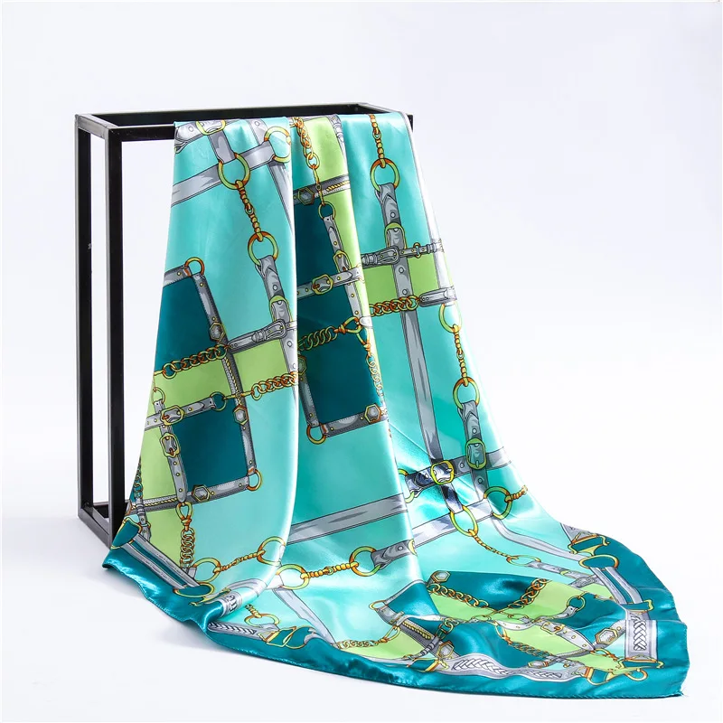 Yucat 90X90cm Wholesale Fashion Women Hair bands Custom Plaid Chain Square Satin Silk Scarf For Girls