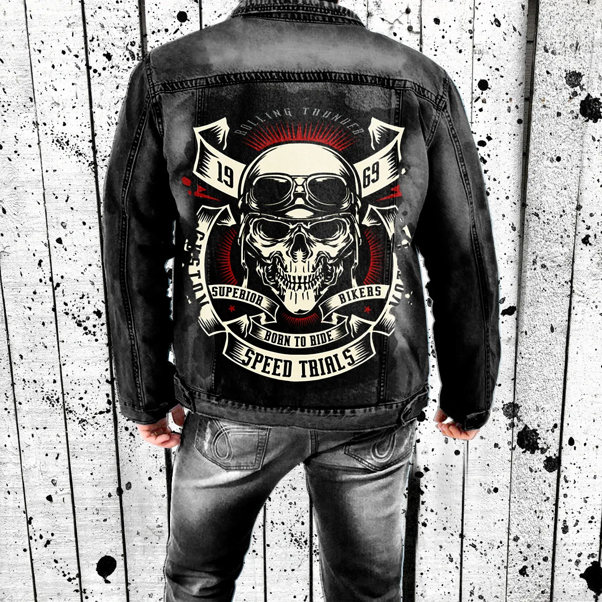 High Quality Skull Custom  Logo Printing Oversized Washed Knitting  Denim Jacket for men