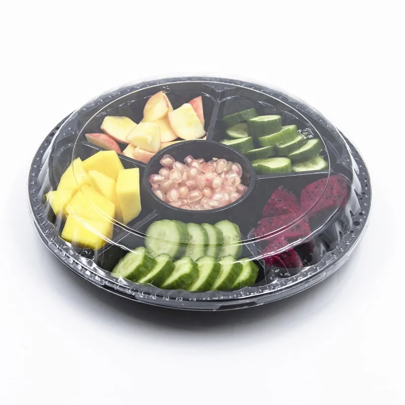 Disposable round plastic 6 compartment fruit food packaging box container