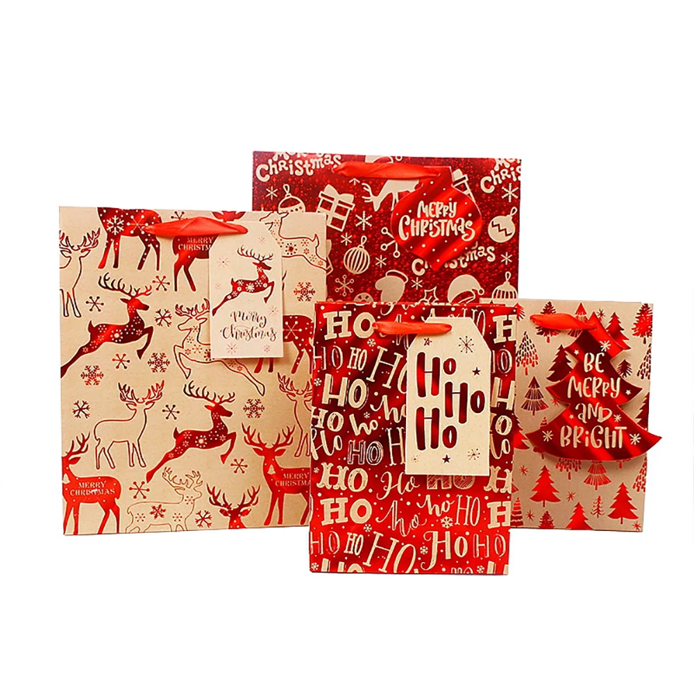 Оптовая продажа, индивидуальные рождественские подарочные пакеты из перерабатываемой бумаги для покупок с логотипом на заказ