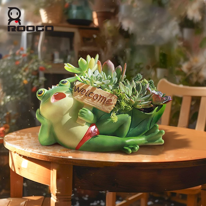 Roogo Figurine Frog Resin Succulent Small Flowerpot Handmade DIY Green Plant Potted Desktop Pen Holder Decoration  Gift Outdoor