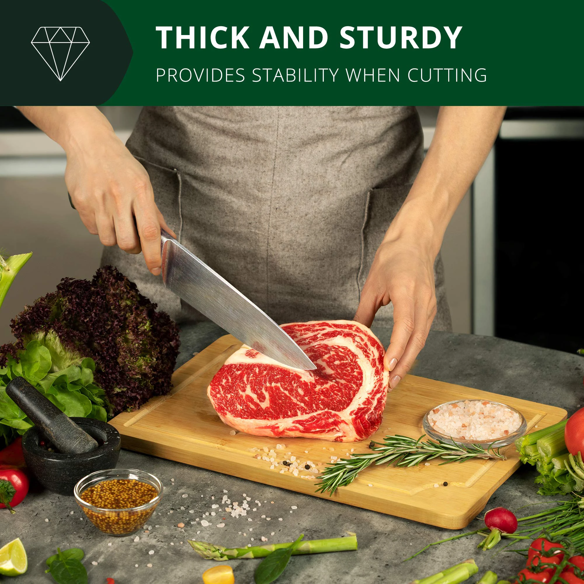 GL Large bamboo wood cutting board with ant-slip mat and juice groove