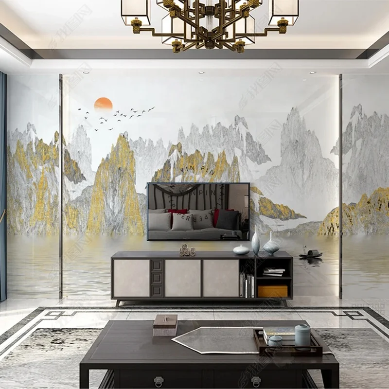 New Chinese abstract gold landscape ink painting vinyl wallpaper