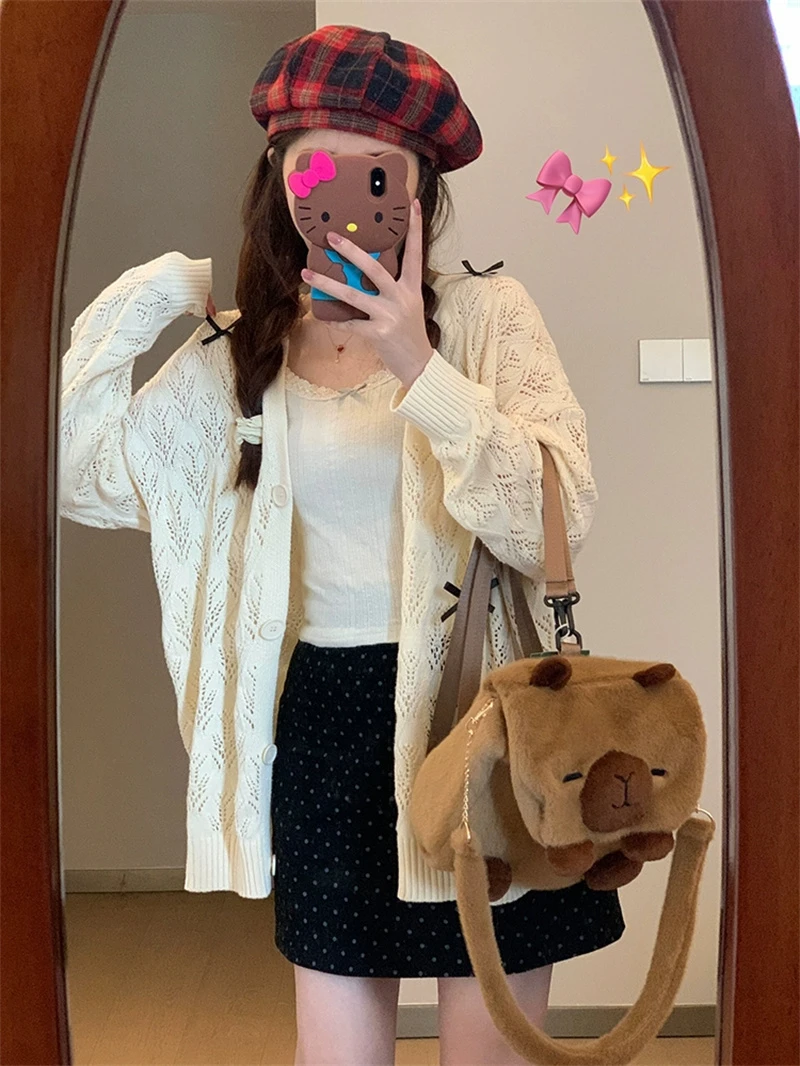 Sweet Tender Casual Elegant Solid Cardigans Loose All Match Women Grunge Sweater Japanese Fashion Hollow Out Coats Y2k