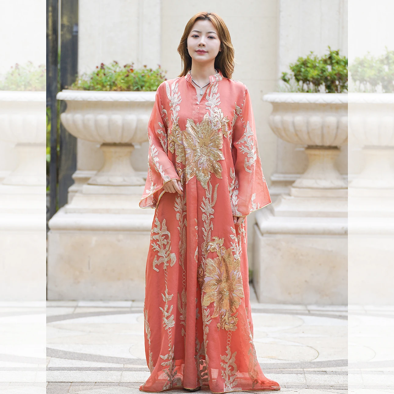 Fashionable Yellow Mesh Bead Embroidery Muslim Robe Lined Custom Pleated Kafatan  Abaya