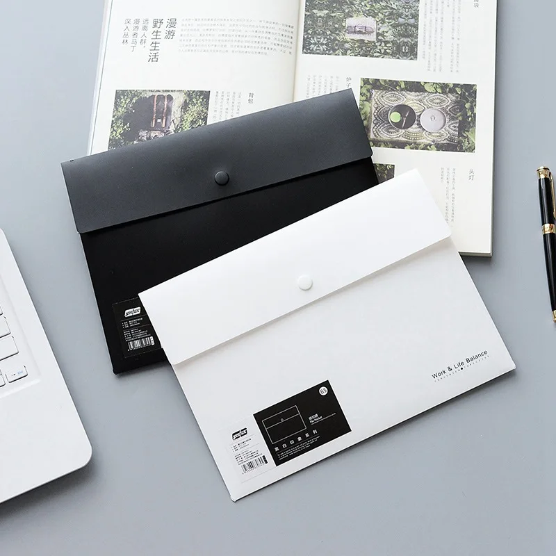 Black and White Frosted PP File Bag Office Plastic Folder A5/A4/A3 Button Closure Document Holder Large Capacity Data Organizer