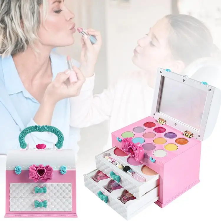 Kid Makeup Set Toys Suitcase Dressing Cosmetic Pretend Play Makeup Set Cosmetic Kit Toy with Portable Box for Children Gifts