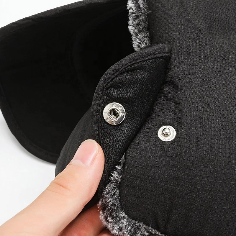 Wholesale Custom Black Earflap Thickened Winter Trapper Hat Facemask For Men/ushanka Aviator Ski Faux Fur Hat With Face Cover