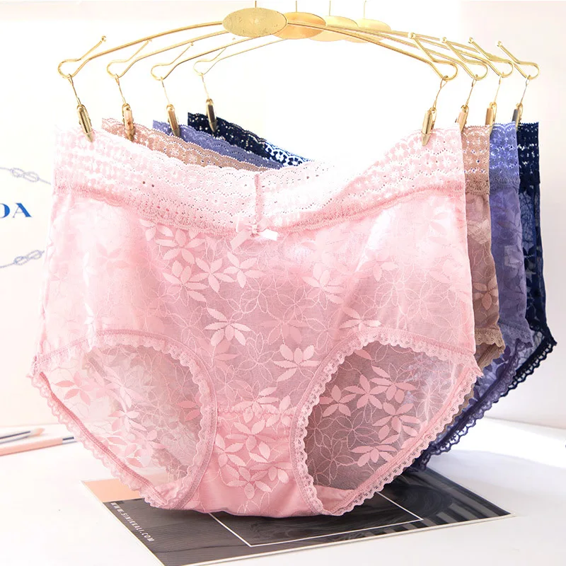 New Item 60-80Kg Fat Ladies Large Size Seamless Briefs High Rise Hollow out Women Lace Transparent Panties from Wholesale