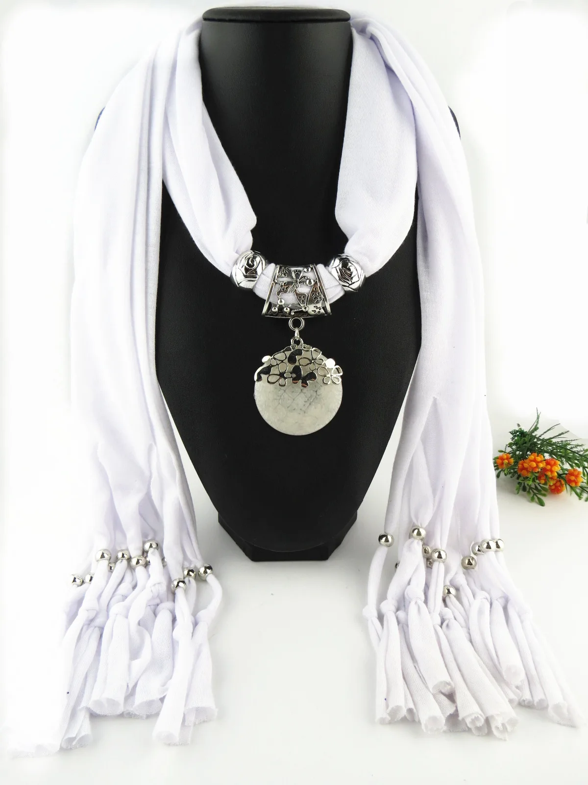Pendant jewelry scarf polyester solid color tassel fringed resin pendant jewelry scarf for women