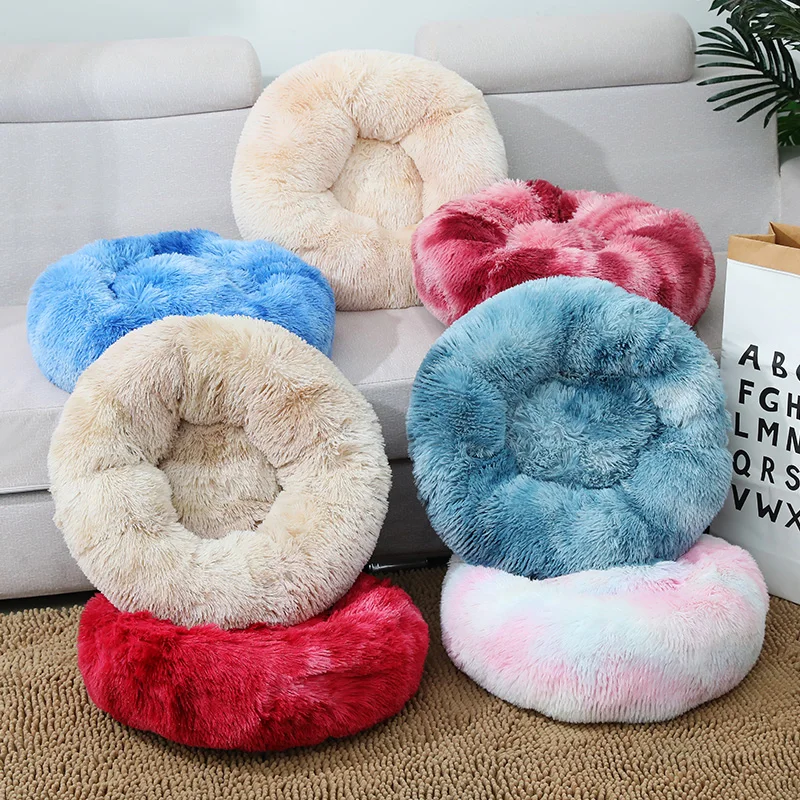Anti Anxiety Long Faux Fur Super Soft Fabric Dog Bed Comfortable Donut Round Dog Bed Washable Pet Cushion