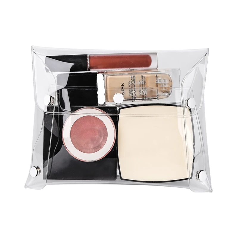 Wholesale Promotional Cheap Portable 3 Sizes Snap Button Closure Small Clear Makeup Bag Set Transparent PVC Cosmetic Pouch Bag