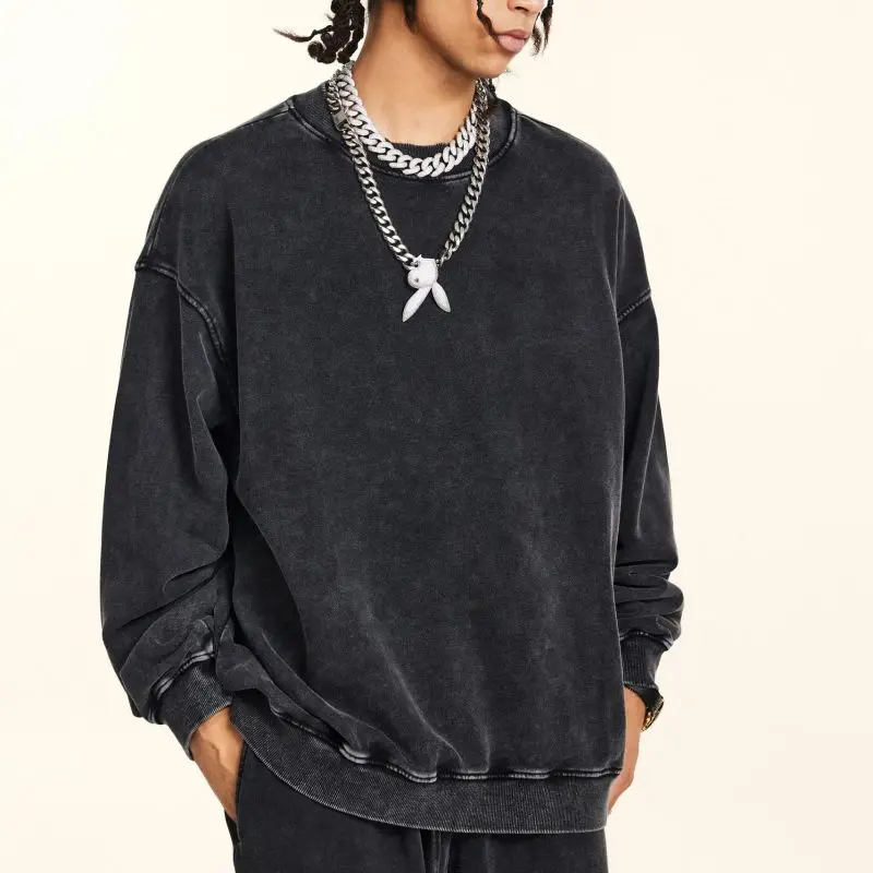 Wholesale Streetwear Stone Washed Sweatshirt Pullover Custom 400 Gsm 100 Cotton Heavy Men Vintage Acid Wash Crewneck Sweatshirts