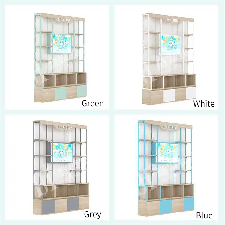 Meicheng индивидуального размера, односторонняя деревянная витрина, полки для супермаркетов, настенная полка для хранения со шкафом