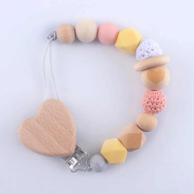 Hot SaleAmazon New Beech Wood Pacifier Clip Baby Silicone Pacifier Chain Baby Products Teether Anti-drop Pacifier Chain clip