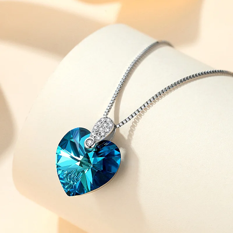 Gold&Silver Island 100% Real S925 Sterling Silver Pendant Blue Gem Heart Stone for Women with Box Chain 14*18mm HOYON