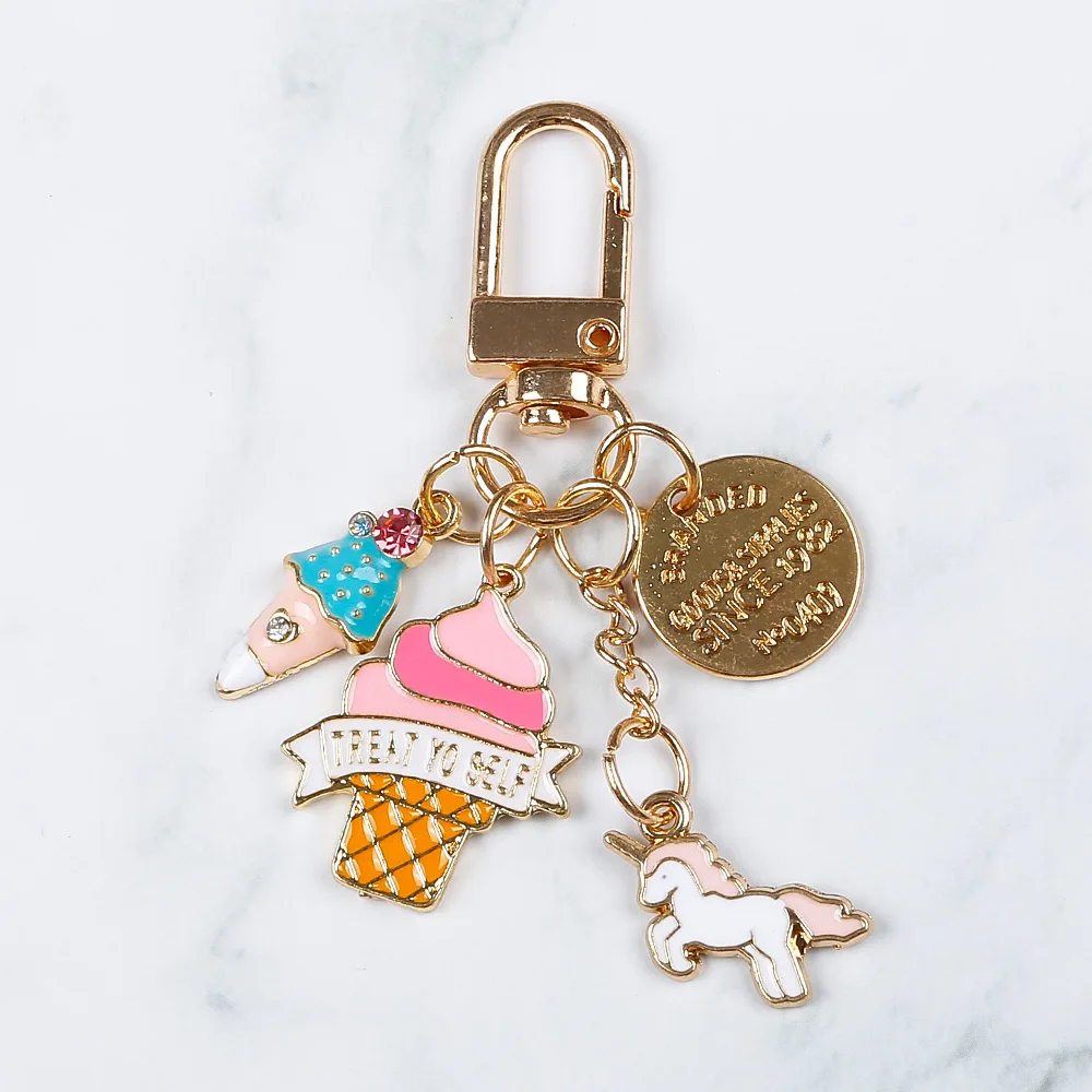 No minimum custom cartoon flower ice cream strawberry animation metal keychain creative light gold plated keychain