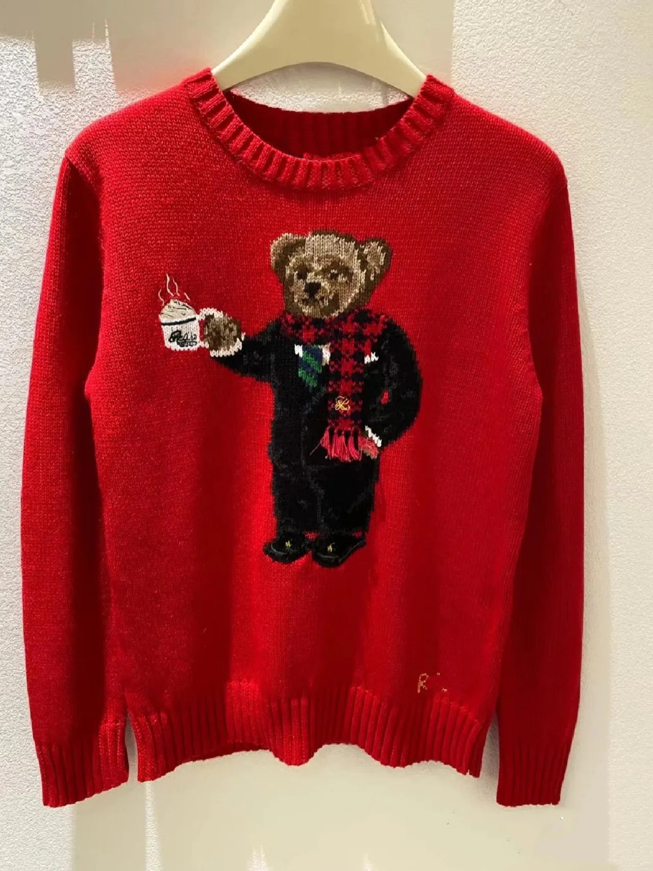 RL Classic Heavy Industry Cartoon Coffee Bear Embroidery Pattern Round Neck Red Knitted Sweater