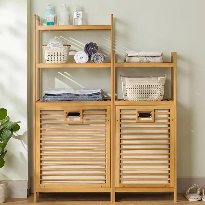 Manufacturer Custom Large Wooden Bamboo Dirty Laundry Hamper Basket with Shelf