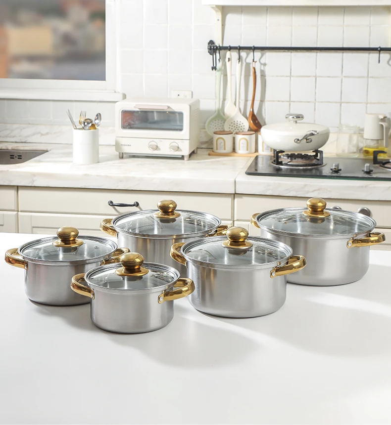 Hot Sale 10pcs Stainless Steel pots Gold Handle Kitchen Cookware Sets Induction Cooking Pots Glass Casserole Collection