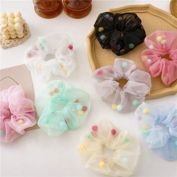 Sweet girl many colors pompom scrunshies hair accessories decoration elastic mesh hair ties unique cute scrunchies