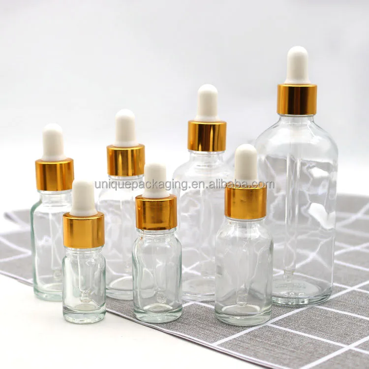 clear empty 5ml 10ml 15ml 20ml 30ml 50ml 100ml glass bottle with gold white dropper for hair oil