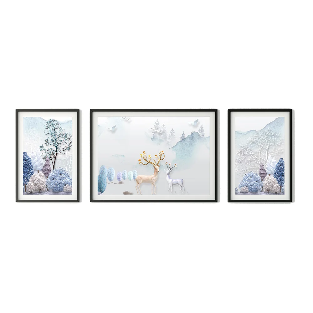 Luxury Home Decor Glass Framed Blue Color Abstract Canvas Wall Art