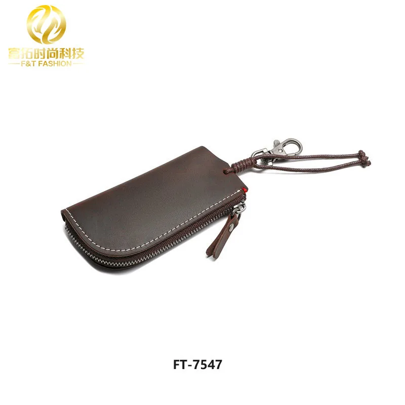 Simple genuine leather zipper car key bag men's waist hanging crazy horse first layer cowhide multifunctional key bag