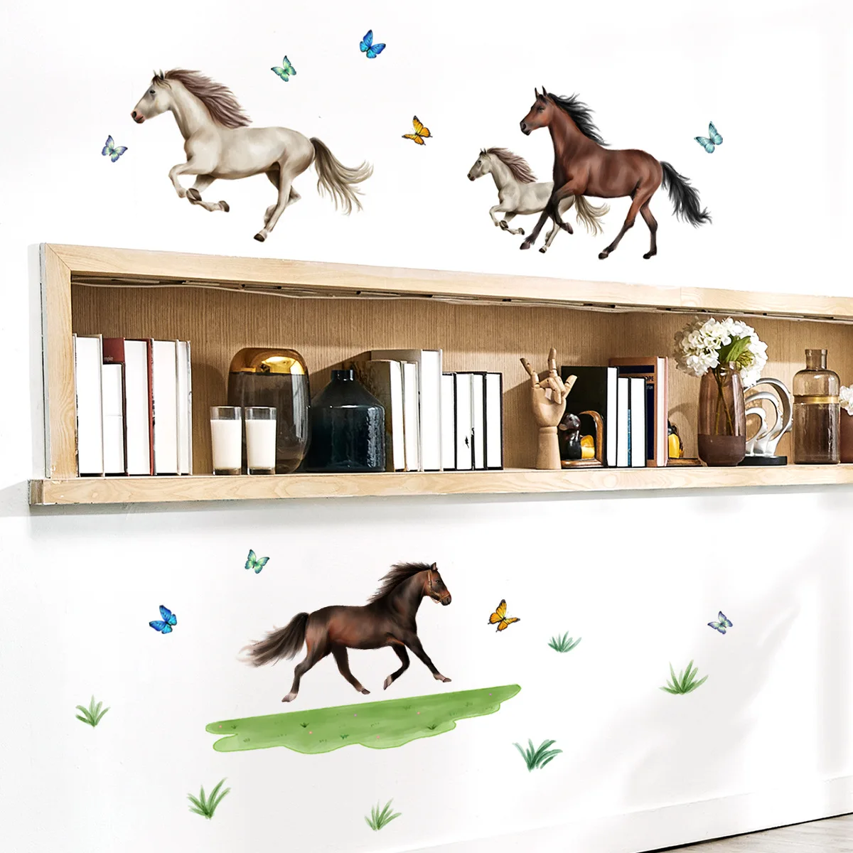 Running Horses Grass Butterfly Wall Stickers For Bedrooms Living Rooms Background Wall Decorative Wall Decals Self-adhesive PVC