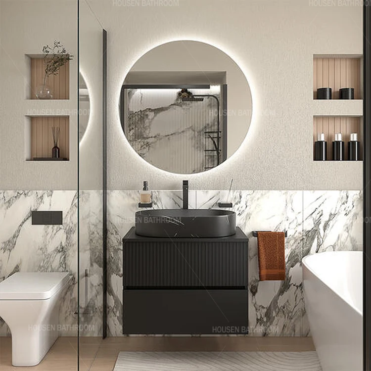 European Luxury Design Pink Marble Black Grille Plate Water-Resistant Bathroom Basin Cabinet
