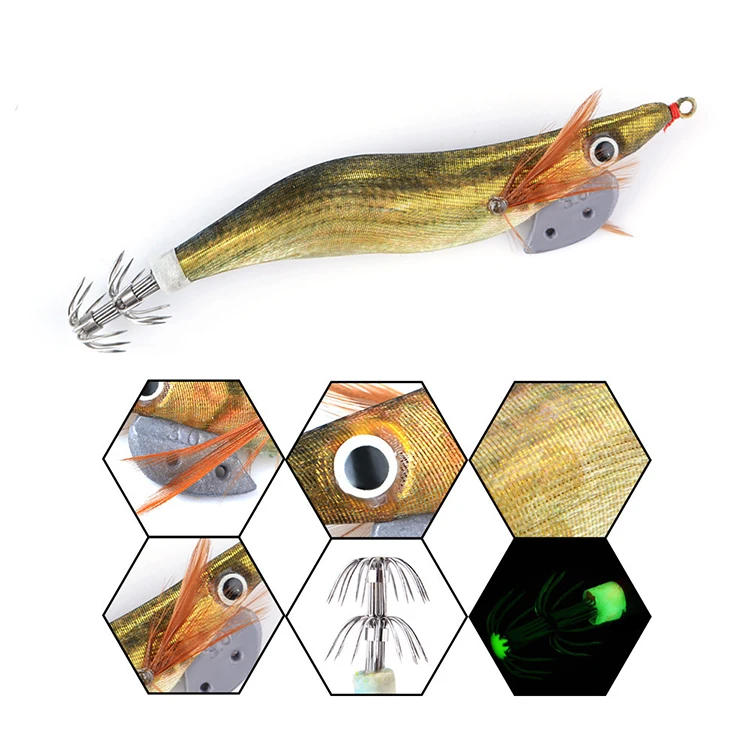 New Arrived Wooden Shrimp Octopus Cuttlefish Luminous Wobbler Fishing Bait With Squid Hooks