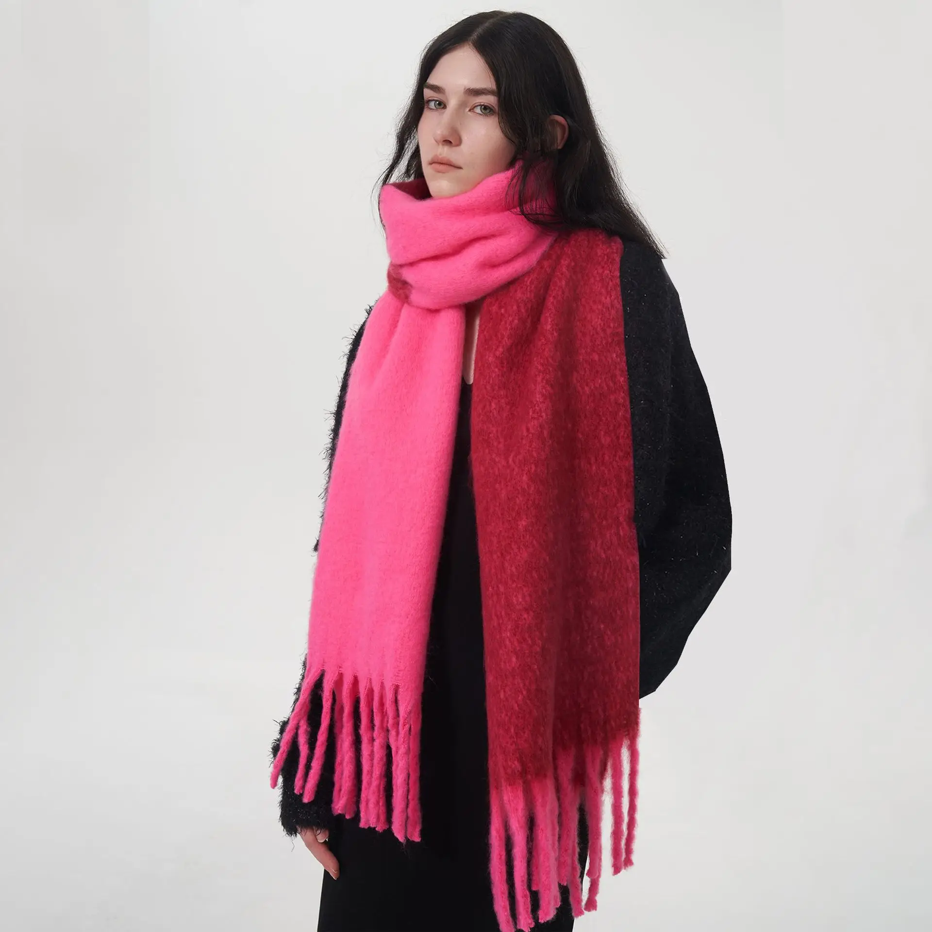 Women Autumn/Winter Two-tone Cashmere Scarf Fashion Thickened Warm Soft Mohair Bib Shawl 2024 New Women Scarf Wholesale