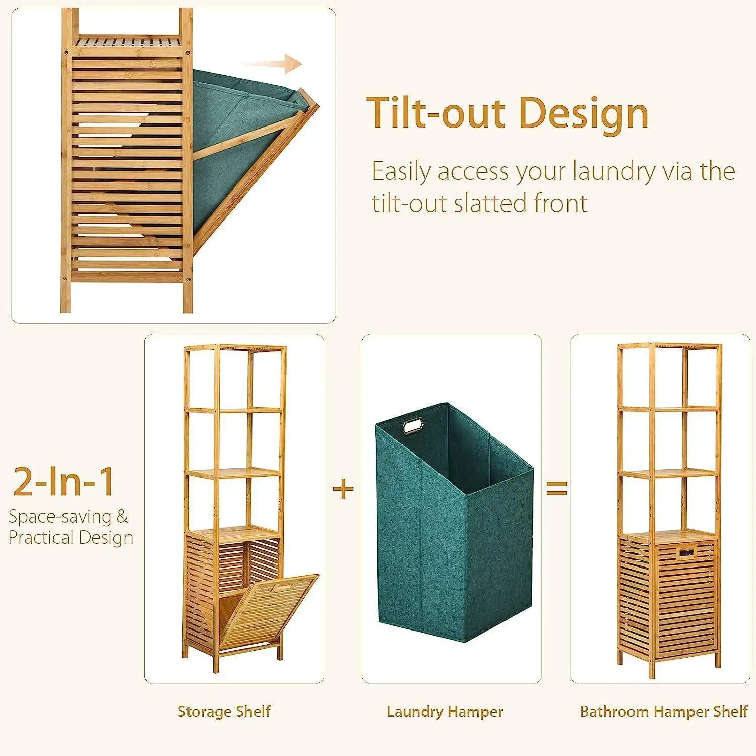 JQ Customized 2 3 4 Layer Bamboo Dirty Laundry Tilting Separate Laundry Hampers Laundry Basket for Bathroom